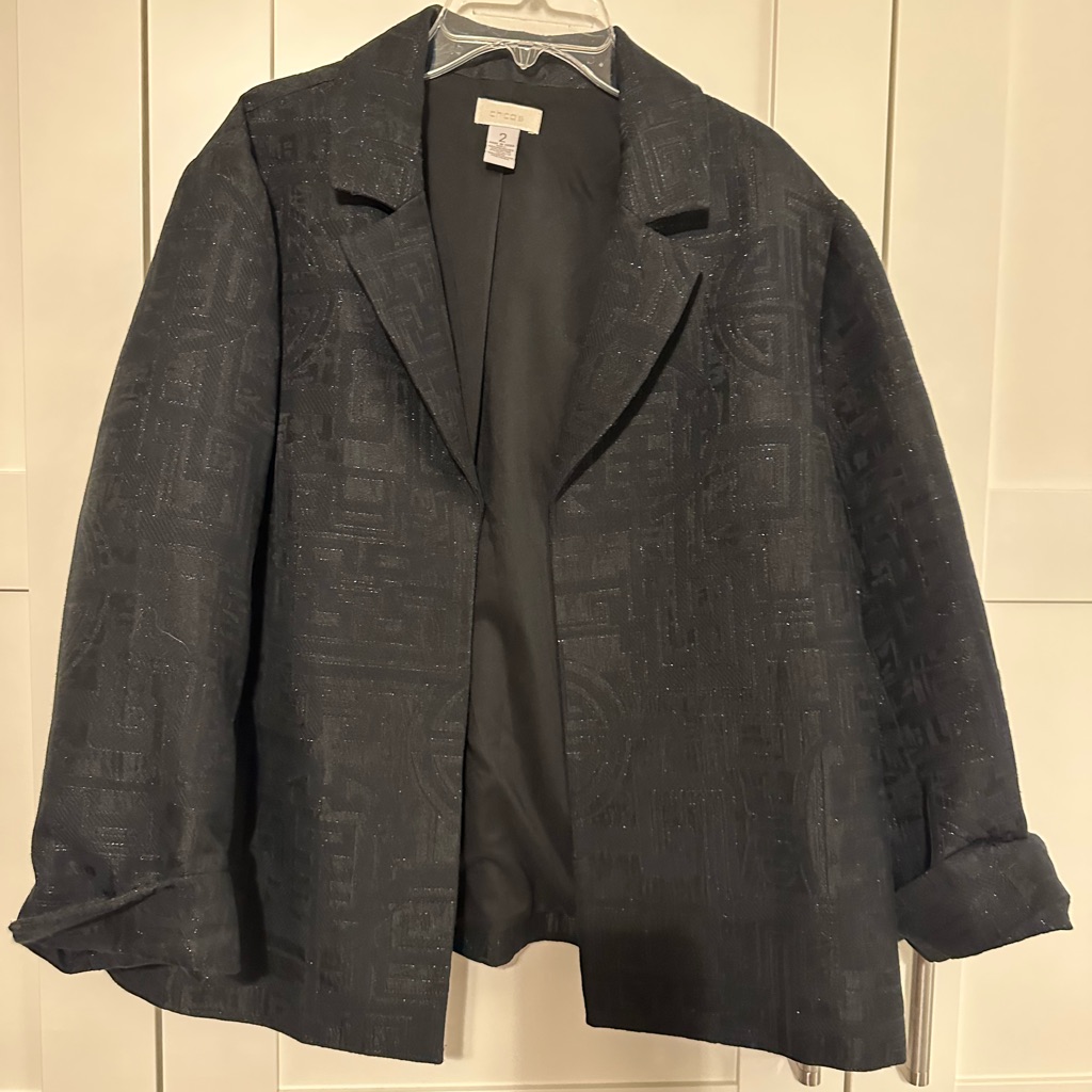 Chico’s Black Asian Inspired Damask Lined Jacket Size 2 Open Front